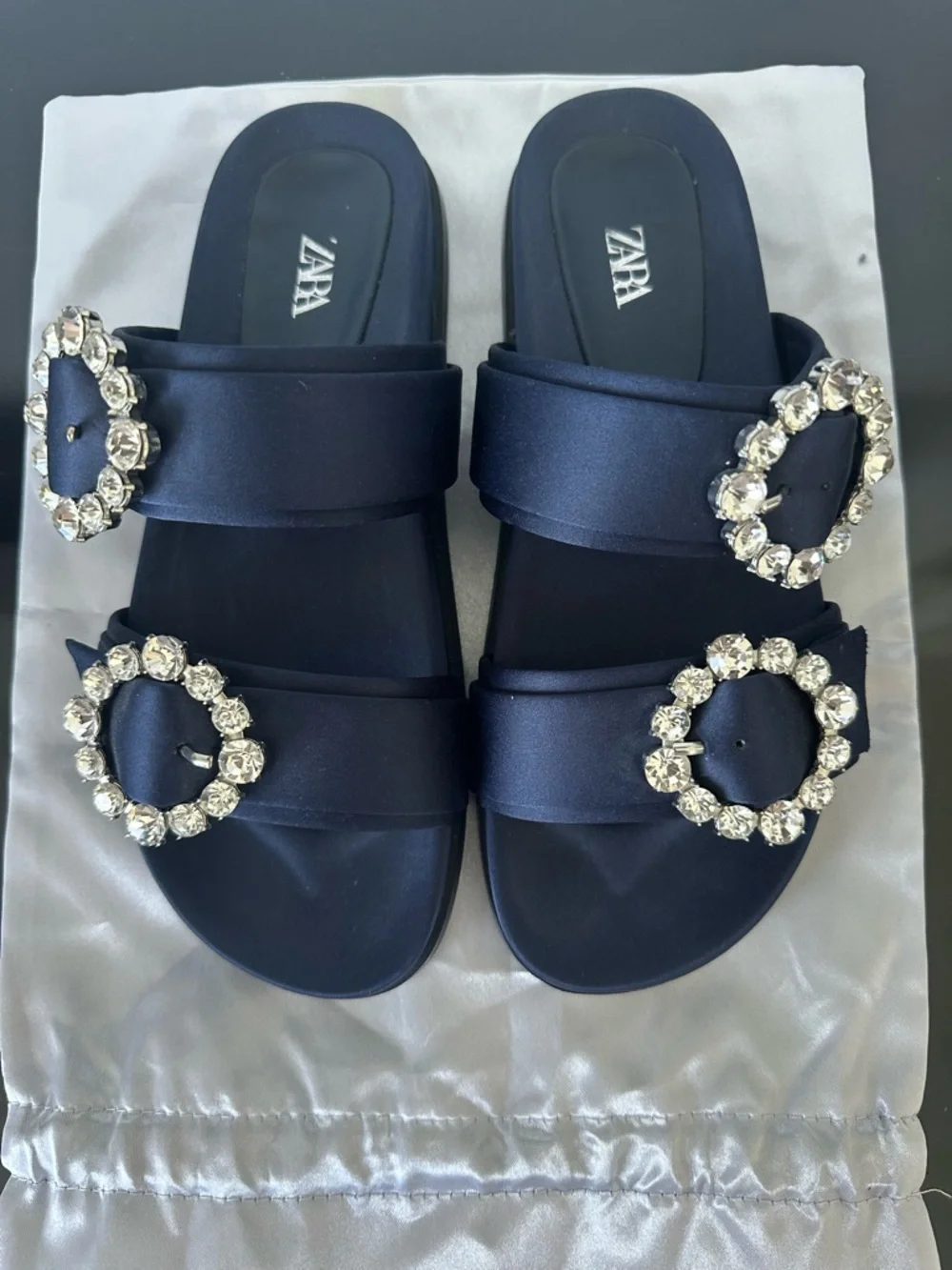 Zara Navy Satin Slide Sandals with Crystal Buckle Accents - Picture 1 of 6